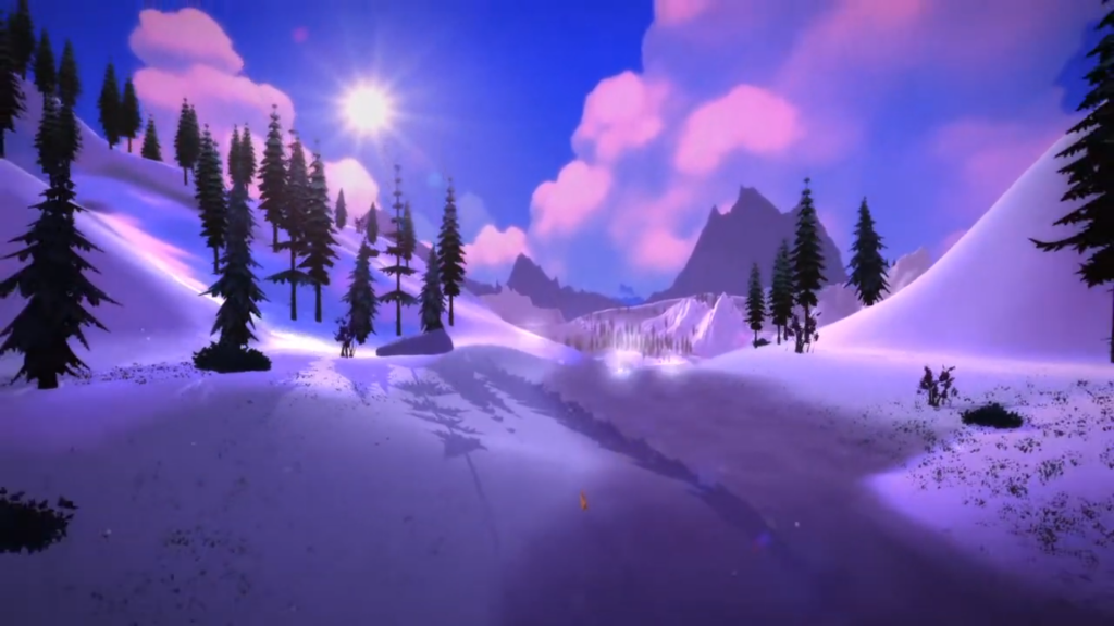 A winter mountain path scene with sunrise.