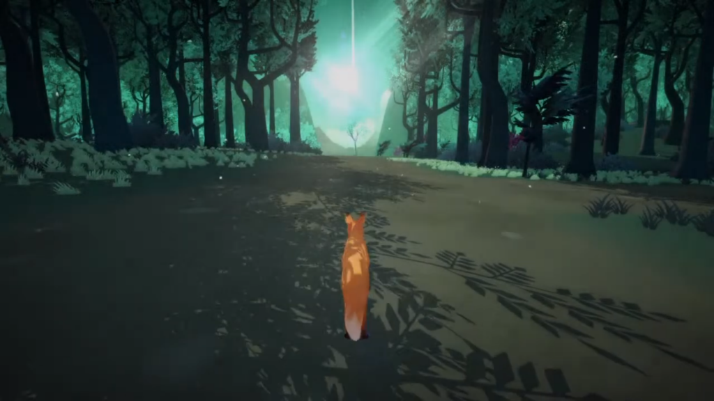 A fox walking down a path through a forest to a light source in the distance.
