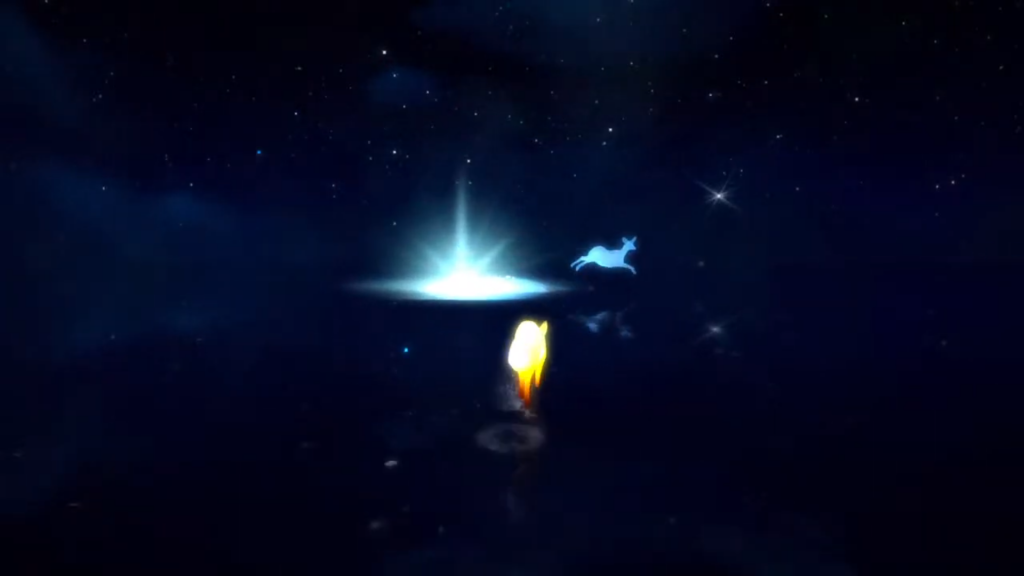 A dream sequence of a fox running over water, chasing a ghostly deer. 