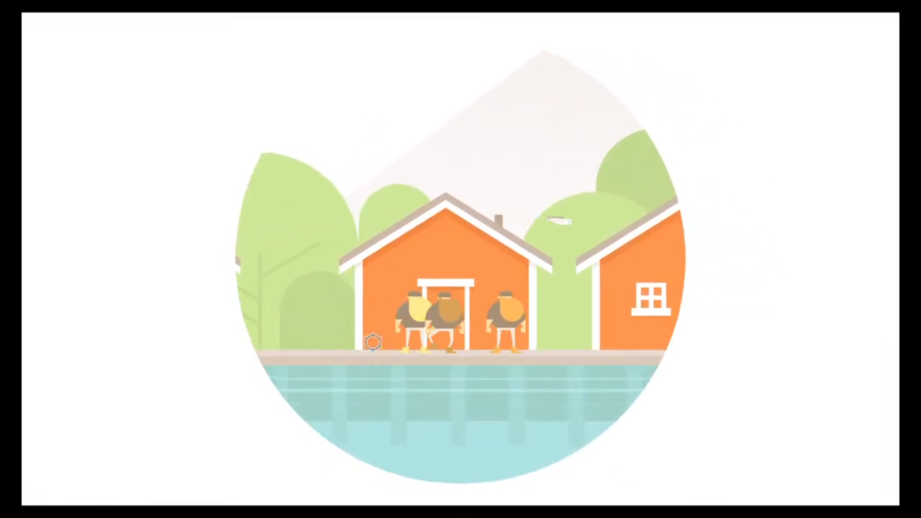 Three burly men stand on a dock in front of some buildings. 