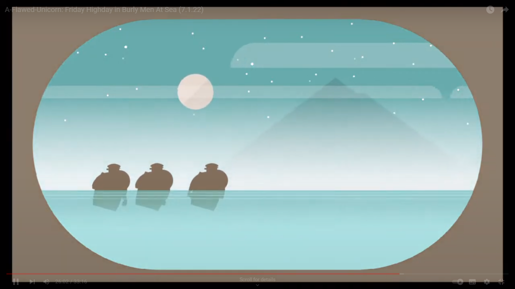 Three burly men in the ocean, swimming under the moon.
