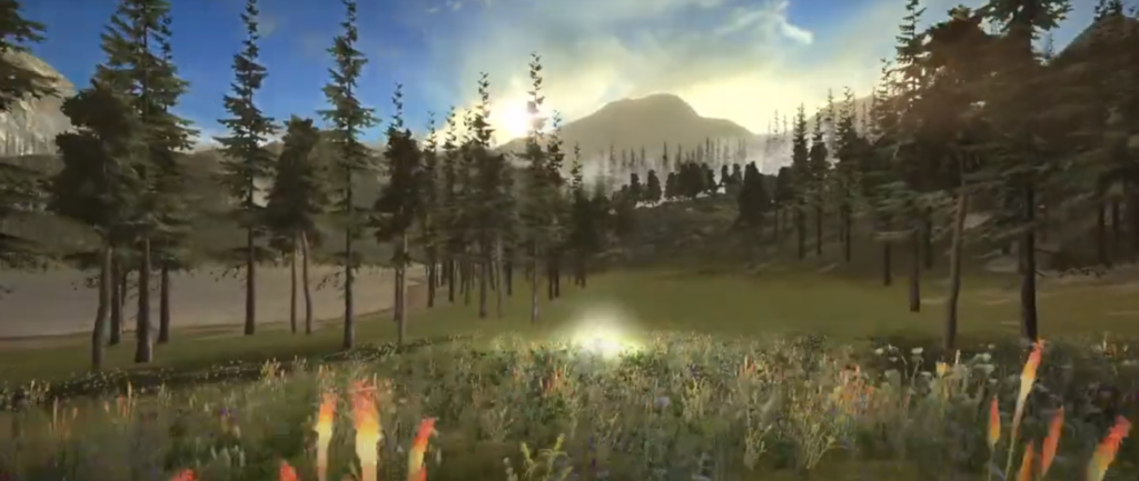 A beautiful green meadow, lake and distant sun rise.