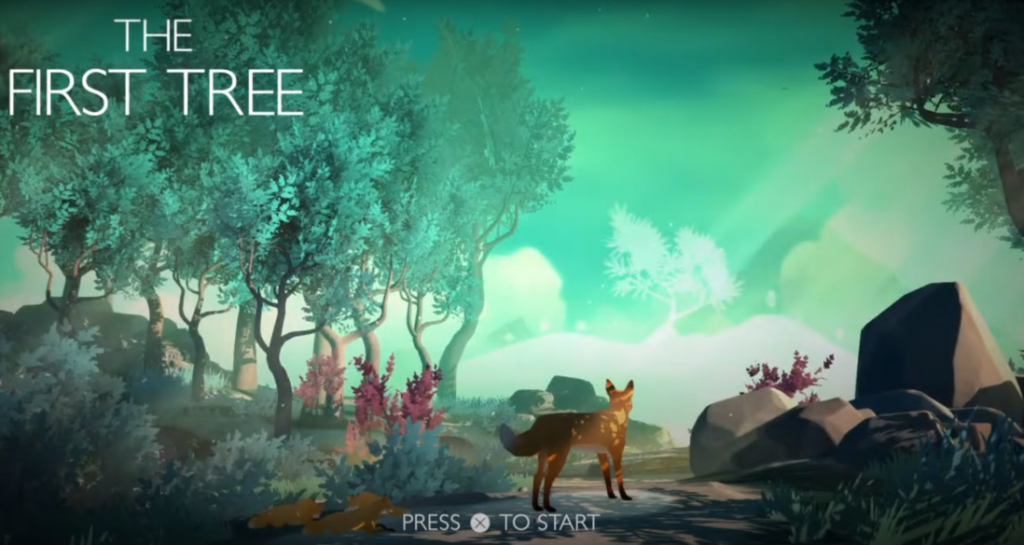 The First Tree game title card. A fox looks towards a forest. 